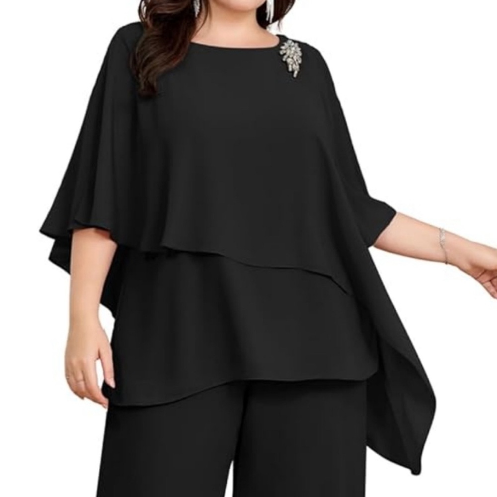 HANNA‎ NIKOLE Chiffon Cape Sleeve Ruffle Layered Blouse NWT